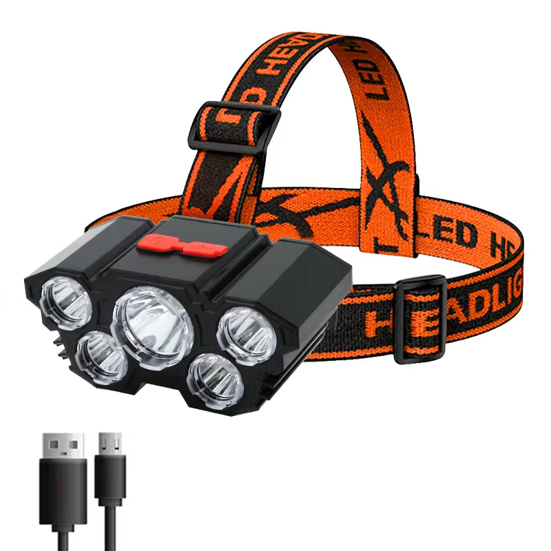 Rechargeable 5 LED Flashlight with Built-in Battery - High-Intensity Headlamp for Camping, Adventure, and Fishing