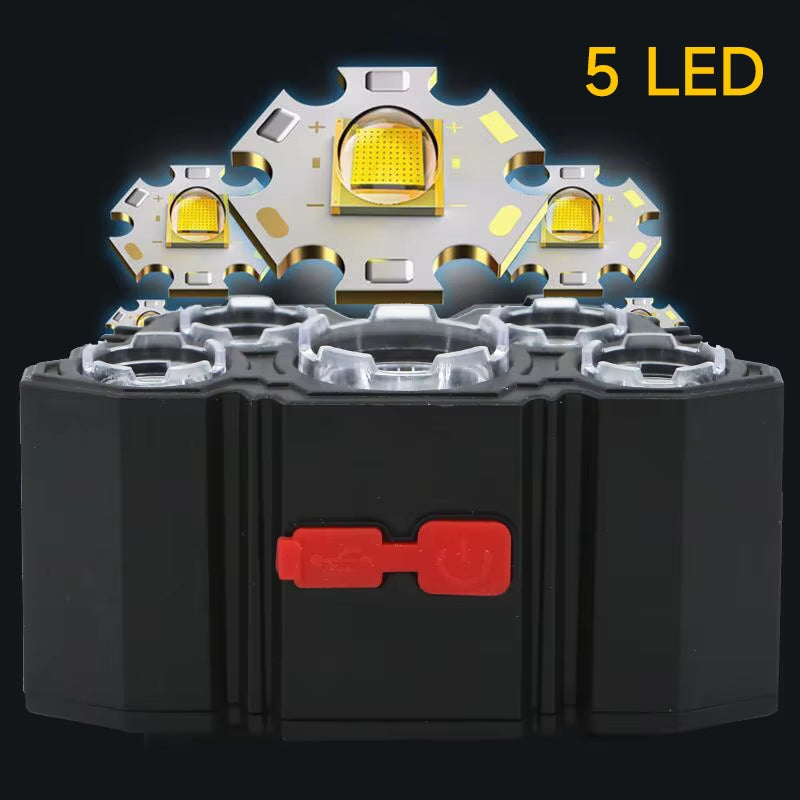 Rechargeable 5 LED Flashlight with Built-in Battery - High-Intensity Headlamp for Camping, Adventure, and Fishing