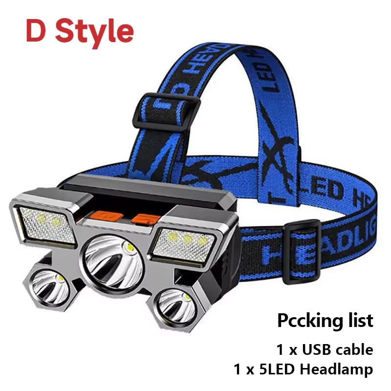 Rechargeable 5 LED Flashlight with Built-in Battery - High-Intensity Headlamp for Camping, Adventure, and Fishing