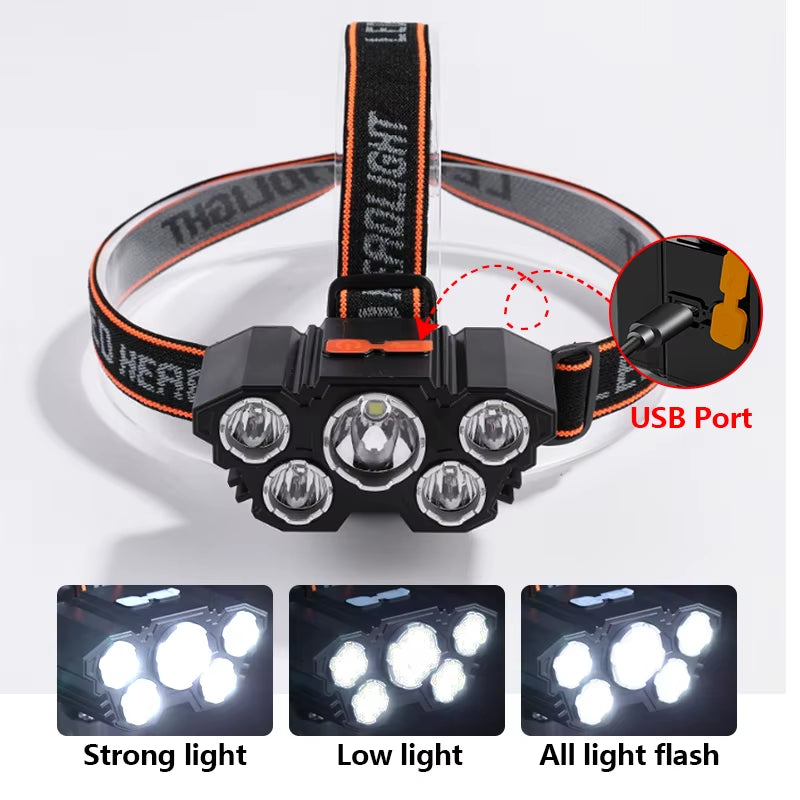 Rechargeable 5 LED Flashlight with Built-in Battery - High-Intensity Headlamp for Camping, Adventure, and Fishing