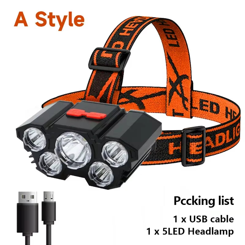 Rechargeable 5 LED Flashlight with Built-in Battery - High-Intensity Headlamp for Camping, Adventure, and Fishing