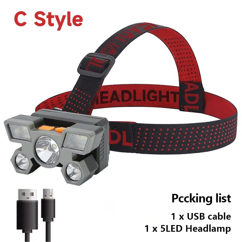 Rechargeable 5 LED Flashlight with Built-in Battery - High-Intensity Headlamp for Camping, Adventure, and Fishing