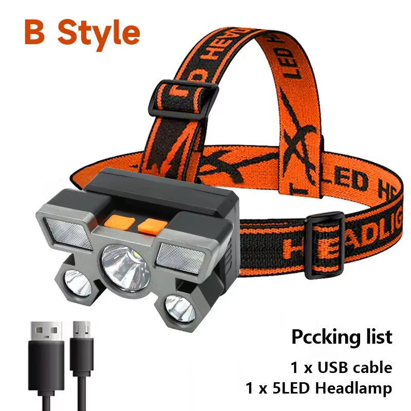 Rechargeable 5 LED Flashlight with Built-in Battery - High-Intensity Headlamp for Camping, Adventure, and Fishing