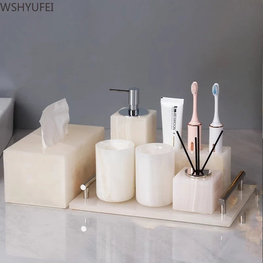 Light Luxury White Jade Stone Home Bathroom Wash Suit Bathroom Supplies Brush Tooth Cup Soap Bottle Soap Dish Toothbrush Holder