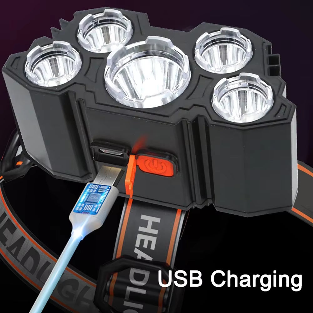 Rechargeable 5 LED Flashlight with Built-in Battery - High-Intensity Headlamp for Camping, Adventure, and Fishing