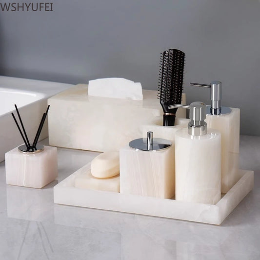 Light Luxury White Jade Stone Home Bathroom Wash Suit Bathroom Supplies Brush Tooth Cup Soap Bottle Soap Dish Toothbrush Holder