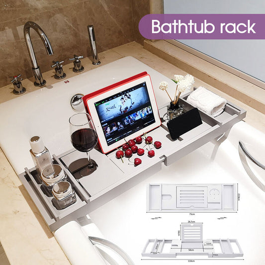 Bamboo Expandable Bathtub Caddy Tray with Wine and Book Holder