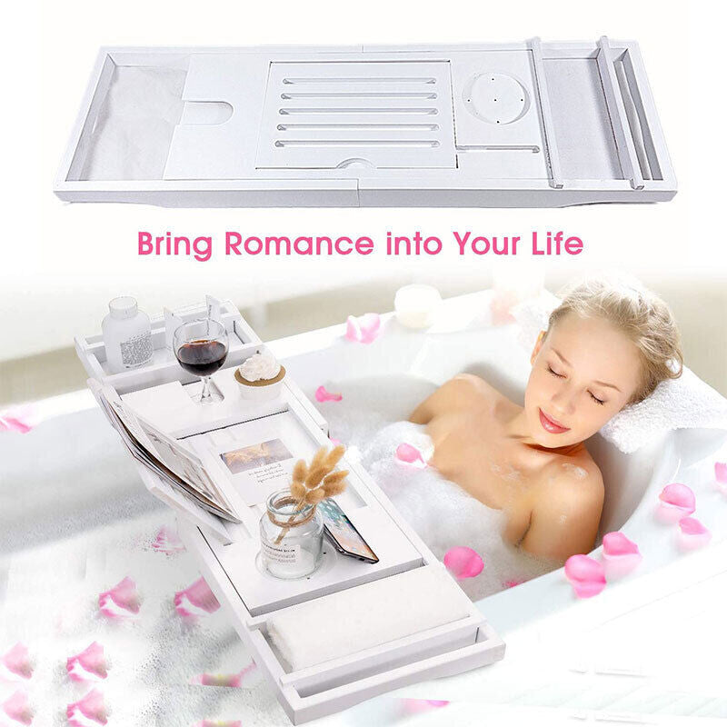 Bamboo Expandable Bathtub Caddy Tray with Wine and Book Holder