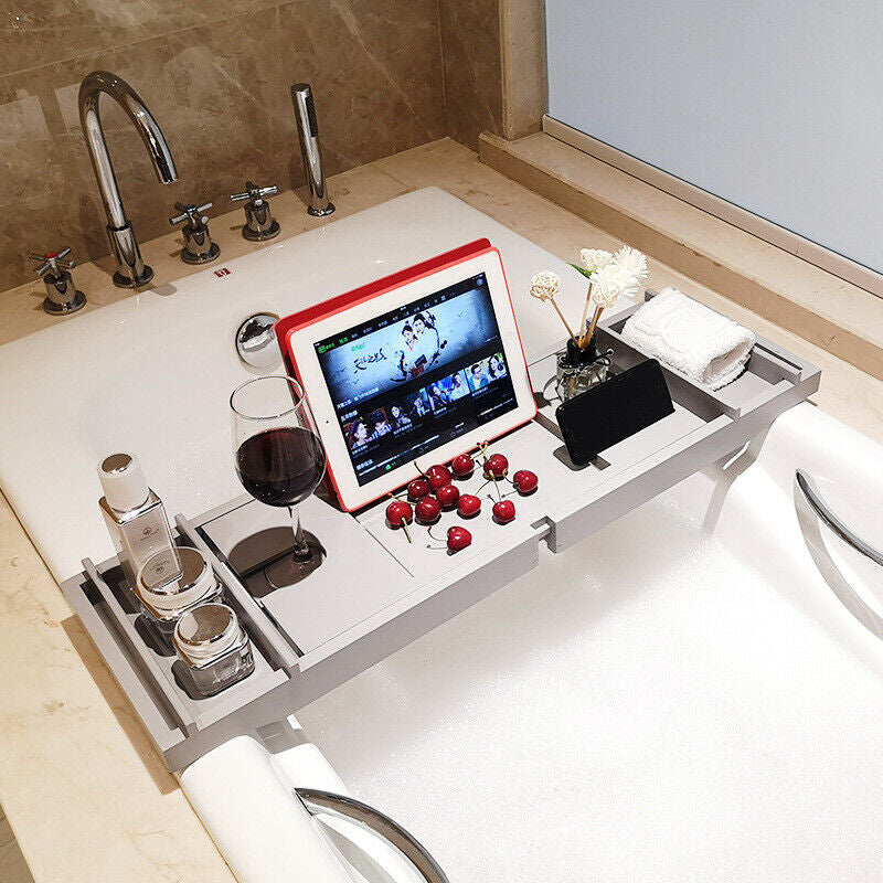 Bamboo Expandable Bathtub Caddy Tray with Wine and Book Holder