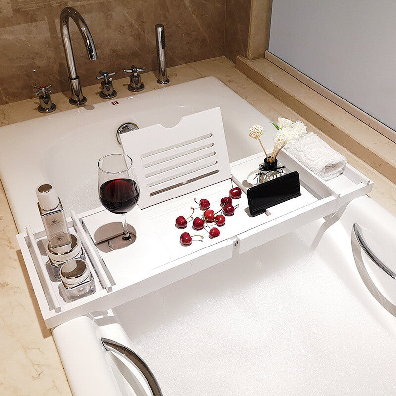 Bamboo Expandable Bathtub Caddy Tray with Wine and Book Holder