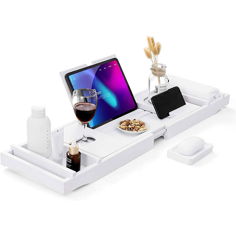 Bamboo Expandable Bathtub Caddy Tray with Wine and Book Holder