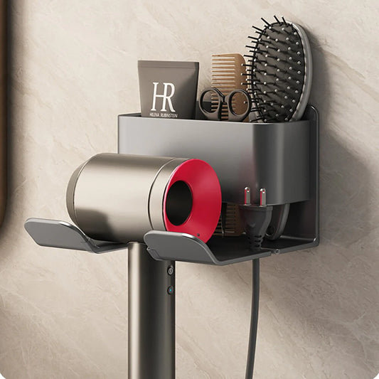 Wall-Mounted Hair Dryer and Straightener Organizer with Storage Box for Bathroom Shelves