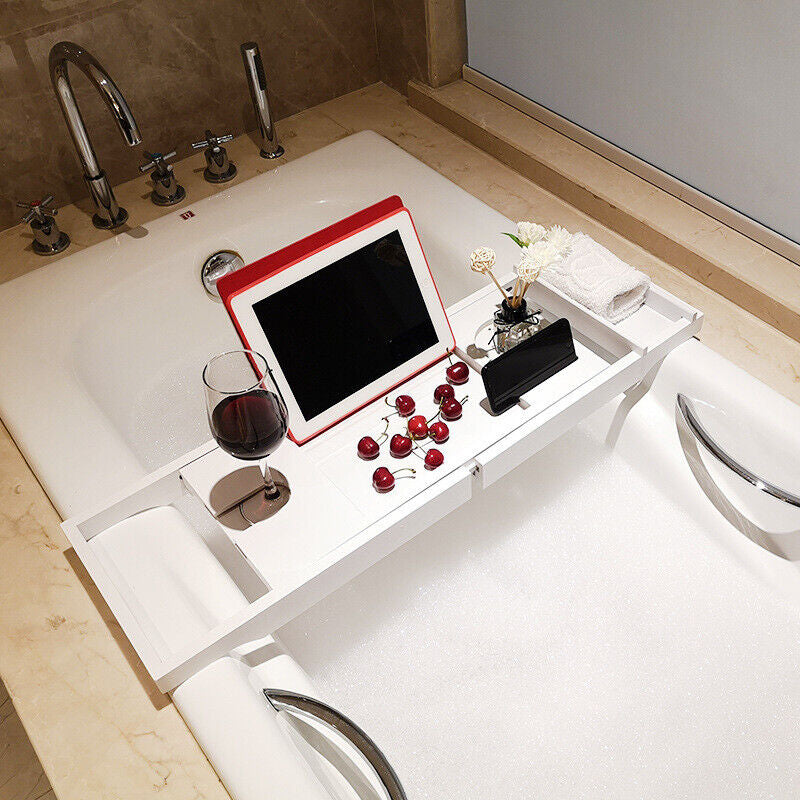 Bamboo Expandable Bathtub Caddy Tray with Wine and Book Holder