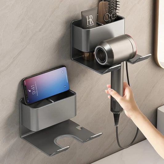 Wall-Mounted Hair Dryer and Straightener Organizer with Storage Box for Bathroom Shelves